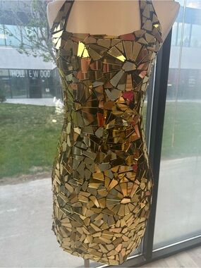 Gold Mirror Mosaic Halter Mini Dress